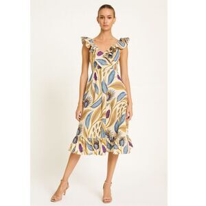 SIKA Ruffle Floral Cotton Midi Dress Yellow Blue 6 NEW